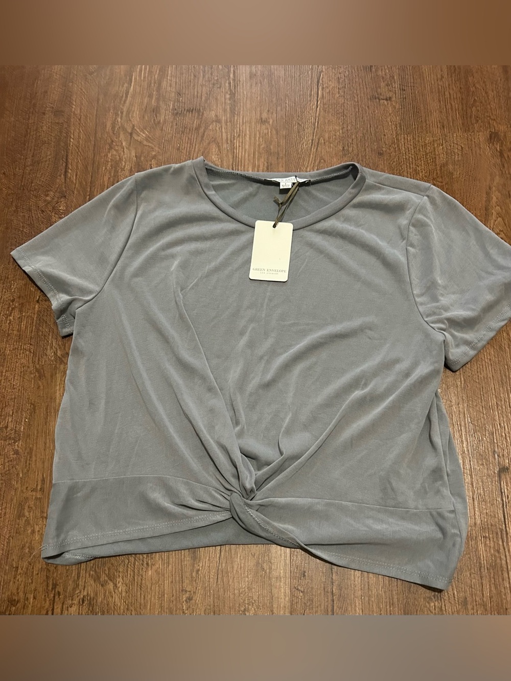 Green Envelope Light Grey Twist-Front Short Sleeve Top